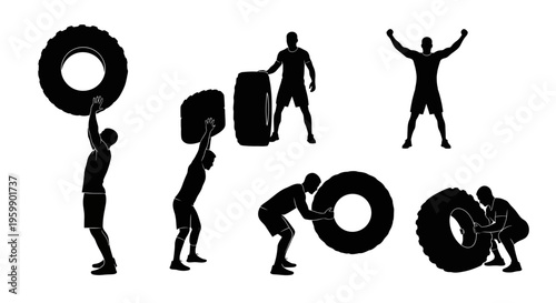 Silhouette of Men Performing Tire Flips and Lifts for Intense Crossfit Workout