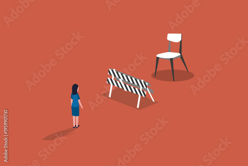 Business woman walking toward a giant white chair behind a road barrier, representing career ambition, promotion, leadership, and professional growth