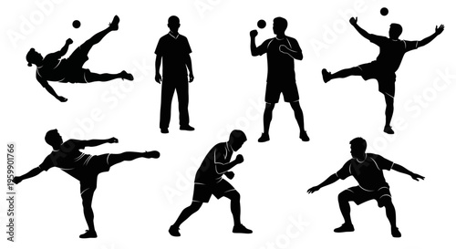 Silhouette of Athletes Performing Various Sports Actions - Kicking, Juggling, Martial Arts, Soccer