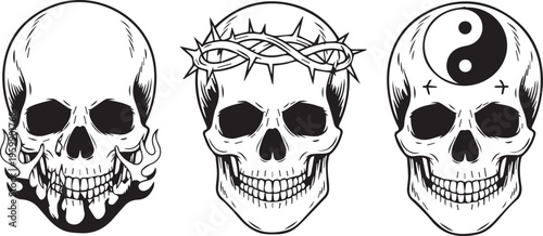 Skull icons, tattoo designs, black and white, vector graphics, symbol set
