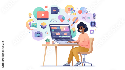 Young woman working on laptop with creative ideas flowing.