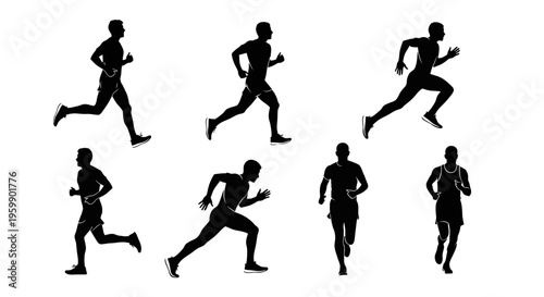 Set of Silhouettes of Athletes Running, Dynamic Poses of Runners in Motion
