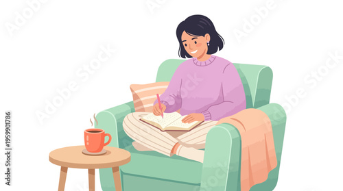 Young woman writing in a journal while relaxing in a comfortable armchair.