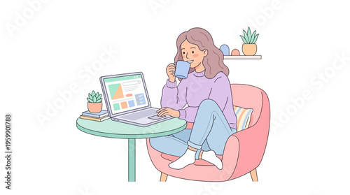 Young woman working on laptop while drinking coffee at home.