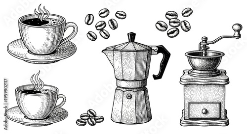Hand Drawn Coffee Elements Set with Cups Moka Pot Grinder and Beans.