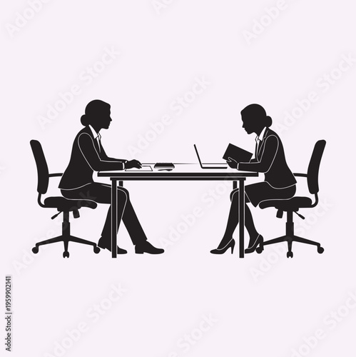 Human silhouettes of recruiter and candidate sitting across table during job interview, formal posture, minimal clean vector shapes, solid black, isolated on white background, corporate concept