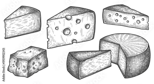 Hand drawn sketch of various cheese types and slices.