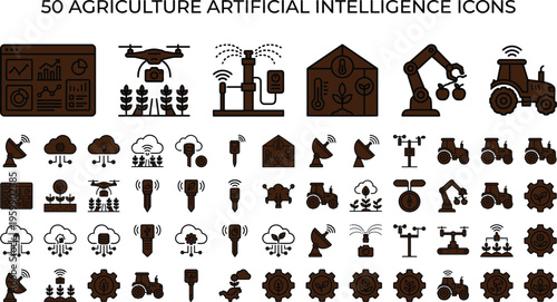 Agriculture artificial intelligence technology icon set with drones sensors irrigation robotics tractors and smart farming
