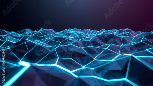 Blue polygon mesh terrain with neon grid connections, artificial intelligence data background