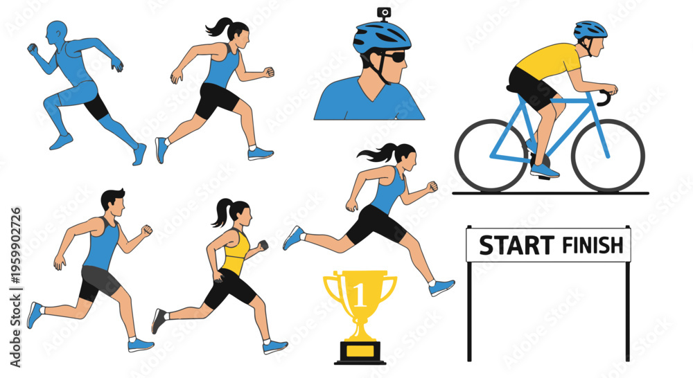 Fototapeta premium Running Cycling Sports People with a Trophy and a Start Finish Line Banner Illustration