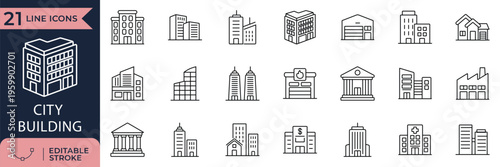 Urban buildings, offices and city architecture outline icon set for maps and UI

