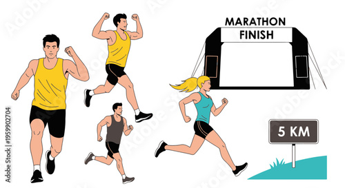 Running Athletes Cartoon Characters Reaching the Marathon Finish Line and Celebrating Success