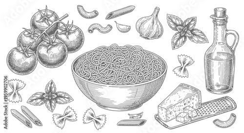 Hand-drawn sketch of various Italian pasta ingredients and cooking essentials.