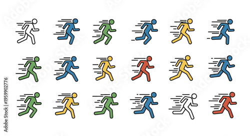 Running People Icon Set Depicting Various Colored Stick Figures in Motion and Speed