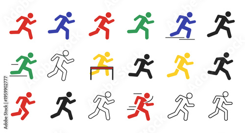 Running People Icons Set in Various Vibrant Colors and Dynamic Styles on Black Background Vector Illustration