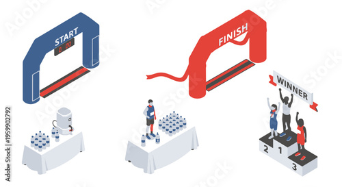 Running Race Event with Isometric Start and Finish Lines Hydration Stations and Winners Podium