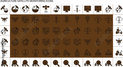 Agriculture satellite monitoring line icon set with drones crop analytics farm mapping precision farming technology