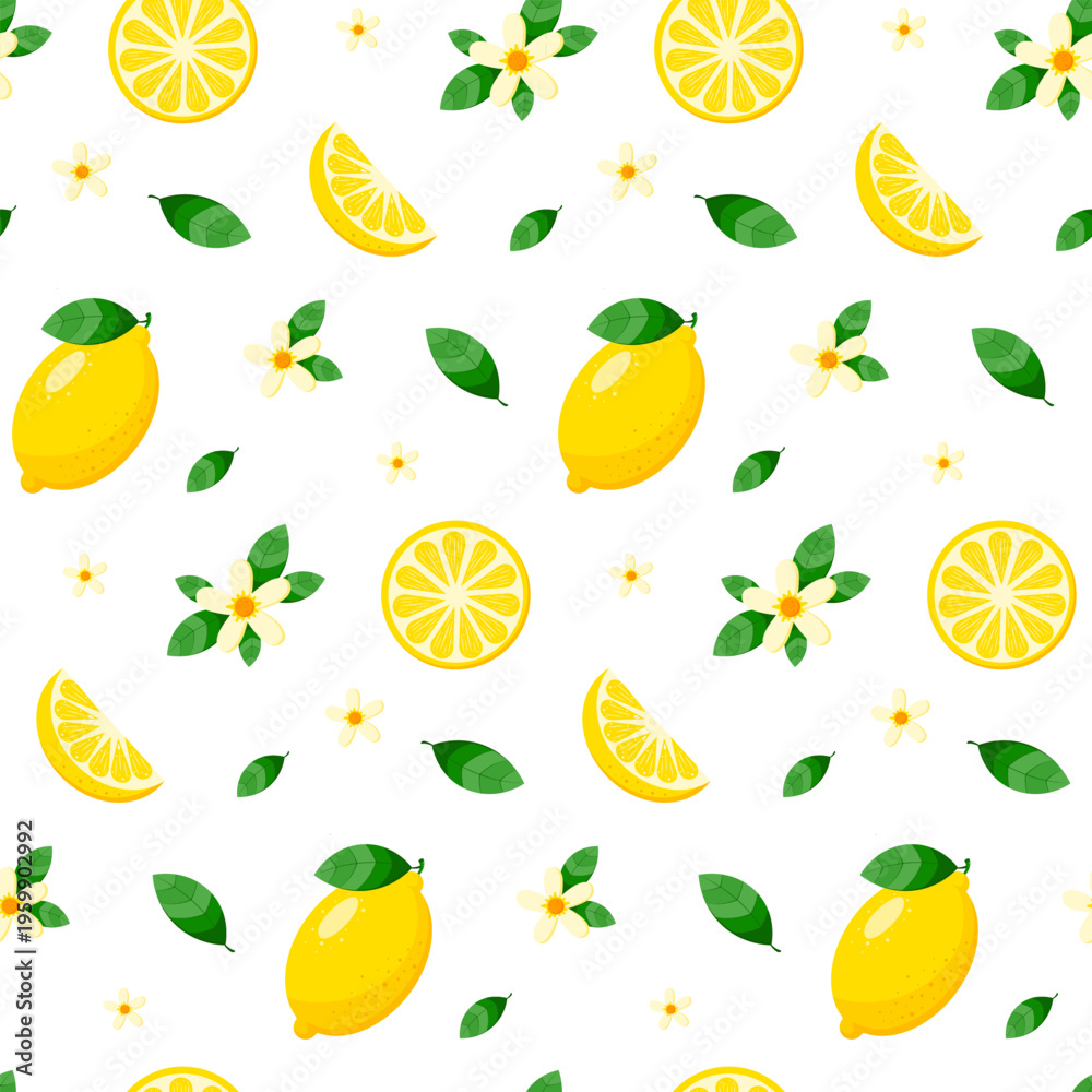 Obraz premium Modern seamless pattern with lemons.Citrus fruits.Italian ornament with lemons.Lemon slices, full lemons and flowers. Design element for cooking theme, textile, wrapping paper. Vector illustration