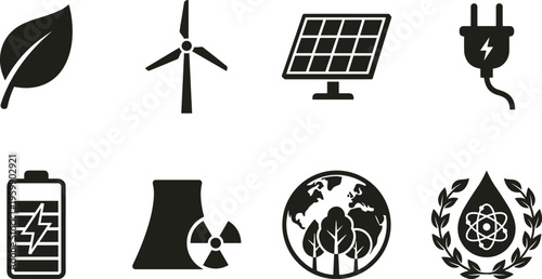 Energy and eco icon set, renewable power symbols collection, green technology elements, environmental sustainability illustrations, modern flat vector design bundle