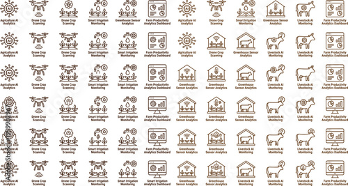 Agritech innovation line icon set with AI agriculture drones smart irrigation greenhouse monitoring and livestock analytics