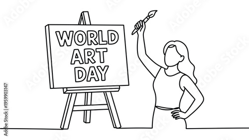 World art day minimalist line art illustration with female artist painting on canvas creativity inspiration design concept modern outline style
