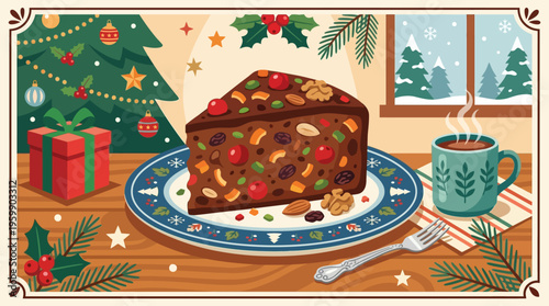 Festive Christmas Fruitcake Slice on a Decorative Plate