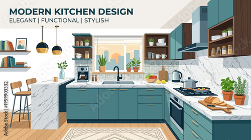 Modern  Stylish Teal Kitchen Design with Natural Light