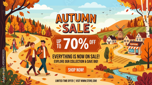 Autumn Sale Banner with Scenic Landscape and Discount