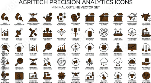 Agritech precision analytics icon set with smart farming sensors drones irrigation monitoring greenhouse and livestock technology