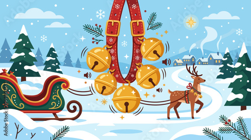 Christmas Scene Reindeer Sleigh and Jingle Bells