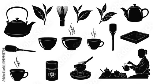 Black silhouettes of tea ceremony objects and a woman preparing tea
