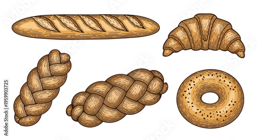 Assortment of freshly baked bread and pastries including baguette croissant challah and bagel.