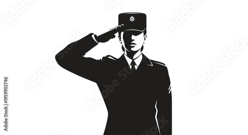 Military officer saluting in a stark black and white silhouette