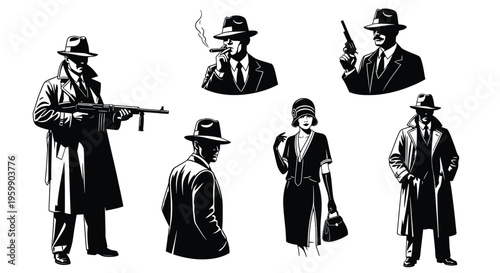 Gangsters and flapper women in a dramatic vintage style silhouette