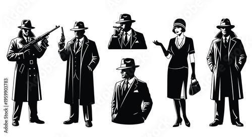 Gangster figures with weapons and a woman a striking black silhouette