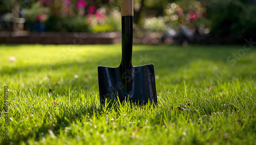 A sturdy black metal shovel with a natural wooden handle is firmly planted in a vibrant green lawn, signifying readiness for gardening tasks and outdoor projects.
