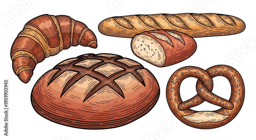 Assortment of freshly baked bread products including croissant, baguette, and pretzel.