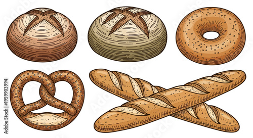 Assortment of freshly baked bread products including loaves, bagels, and pretzels.