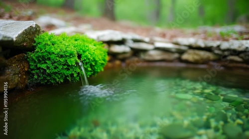 Tranquil stream flowing in lush forest with vibrant greenery