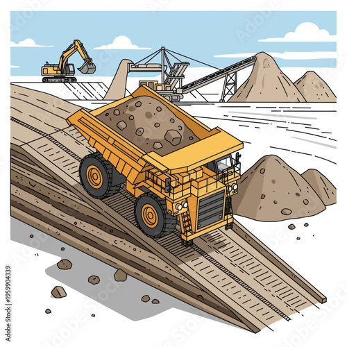 Heavy-duty dump truck hauling ore on a steep incline at a mine site.