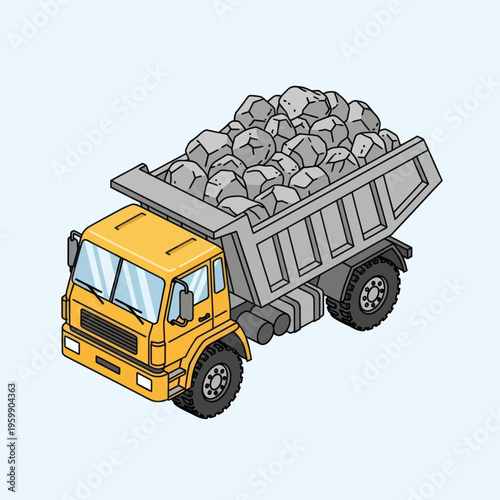 Heavy-duty dump truck loaded with rocks for construction.