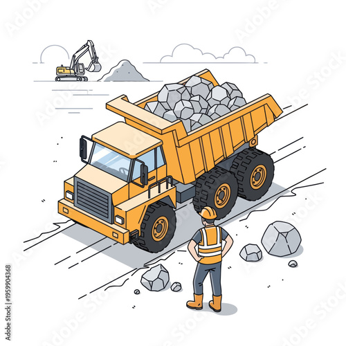 Heavy-duty dump truck loaded with rocks at a construction site.