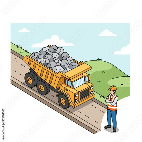 Heavy-duty dump truck loaded with rocks on a construction site.