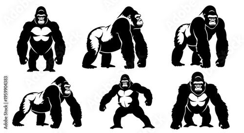 Set of Six Gorilla Silhouettes in Different Poses, Black and White Vector Illustrations