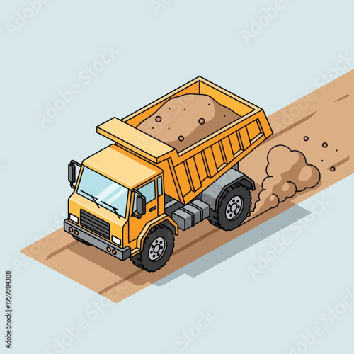 Heavy-duty dump truck transporting sand on a construction site.