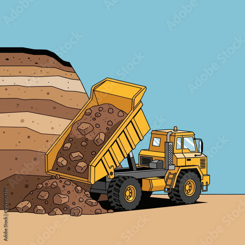 Heavy-duty dump truck unloading dirt at construction site.