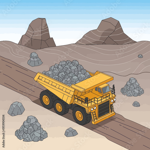 Heavy-duty mining dump truck transporting rocks in an open-pit mine.