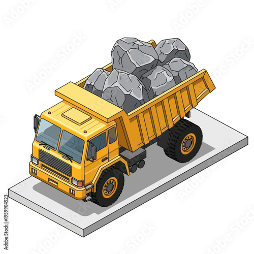 Heavy-duty yellow dump truck loaded with rocks.