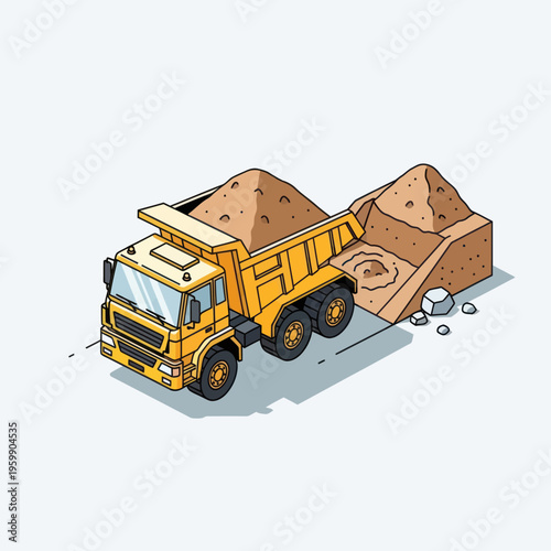 Heavy-duty yellow dump truck unloading a pile of sand at a construction site.