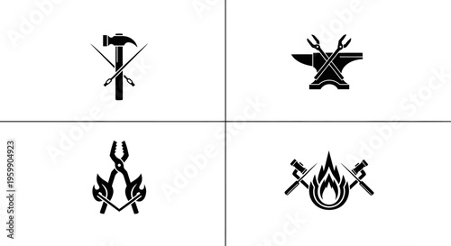 Blacksmith Tools and Anvil Silhouettes for Forging Craft Logos.